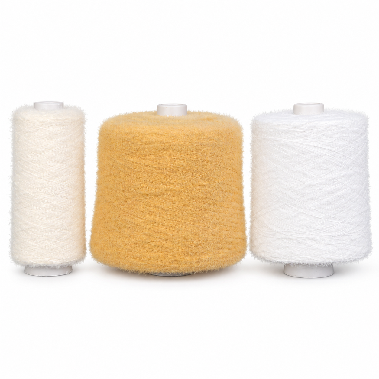 Feather yarn cones used in soft apparel knitting